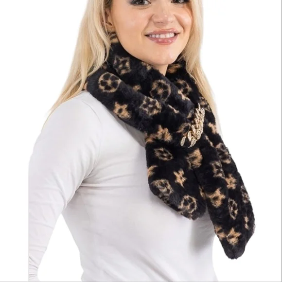 Flower Monogram Print Black Faux Fur Oblong Scarf w Bling Chain Detail