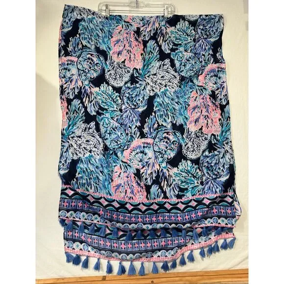Lilly Pulitzer Coral Reef Print Tassel Sarong Beach Cover Up Wrap Scarf