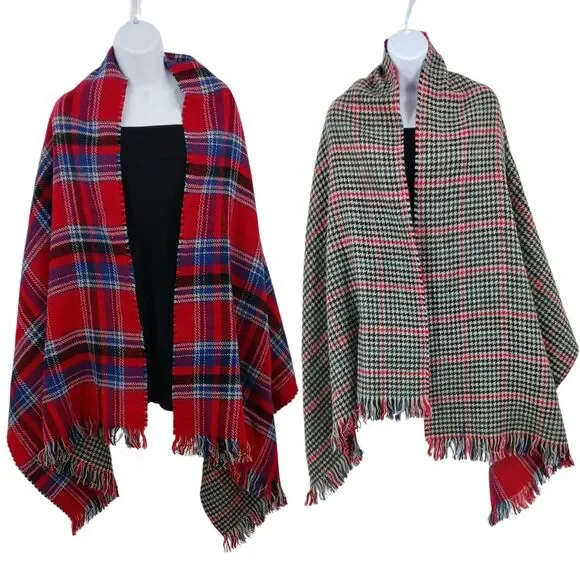 Reversible Plaid Houndstooth Blanket Scarf Fringe Trim Oversized Wrap Scarf