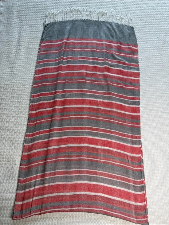 Striped cotton scarf gray, red, and white with fringe beachy, coastal, preppy