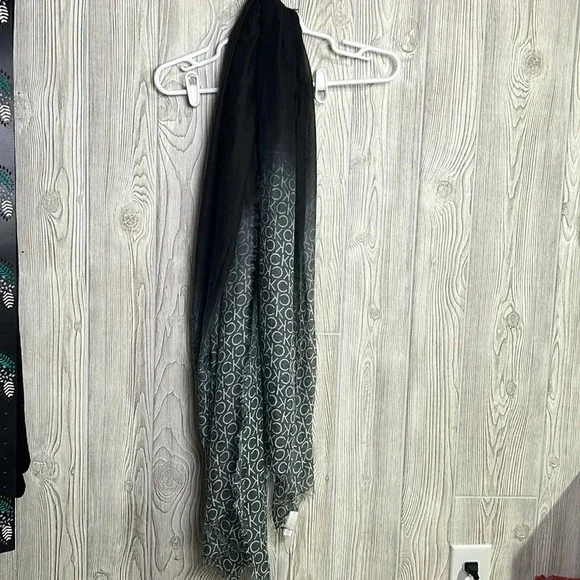 New Calvin Klein Black Silver Wrap Shawl Fringe Monogram Women One Size