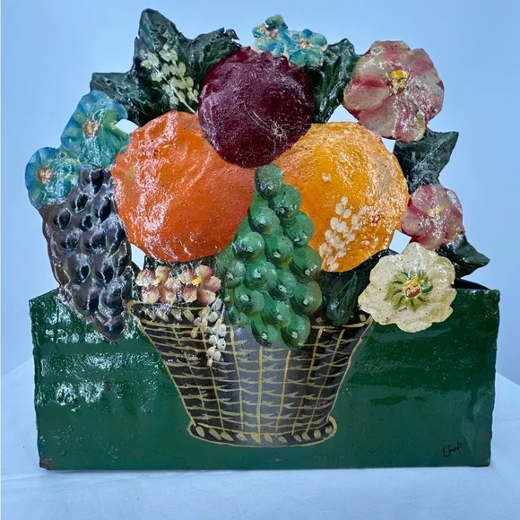 Vintage Hand‎ Painted Flower Basket on Metal Tin Wall Box Mail Box Nik Nak Box