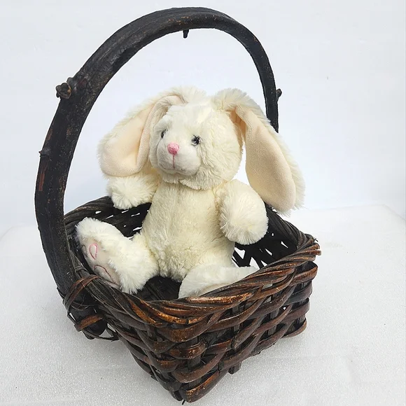Classic White Furry Easter Bunny in Vintage Woven Basket