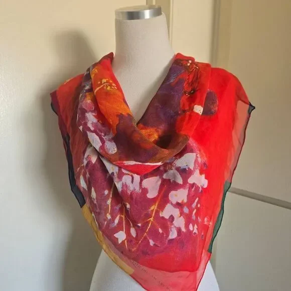 Honolulu Museum of Art Silk Square Scarf, Abstract Butterfly/Floral Print, NWOT