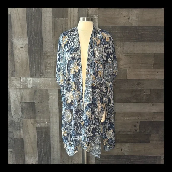NWT! Blue floral paisley Kimono OS sparkly rhinestones dark feminine resortwear