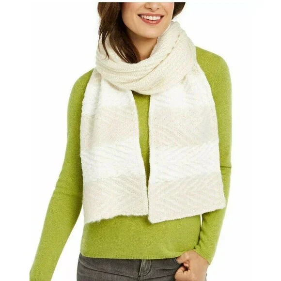 Inc Scarf Striped Arrow-Stitch Muffler White Ivory One Size Neck Warm