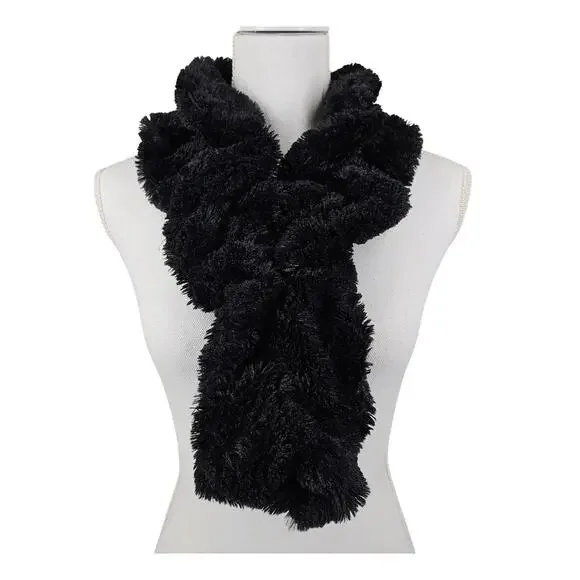 BLACK UNISEX FLUFFY FAUX FUR WINTER SCARF – PLUSH TEXTURE – SOFT & WARM