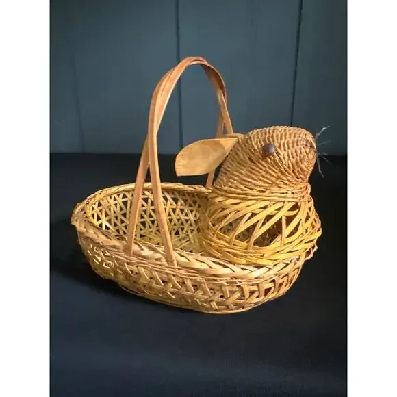 Vintage Wicker Bunny Rabbit Basket With Handle Honey Colored Bamboo Handcrafted