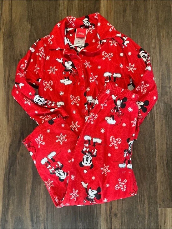 Disney Red Mickey Mouse Holiday Pajama Set with Candy Cane Print