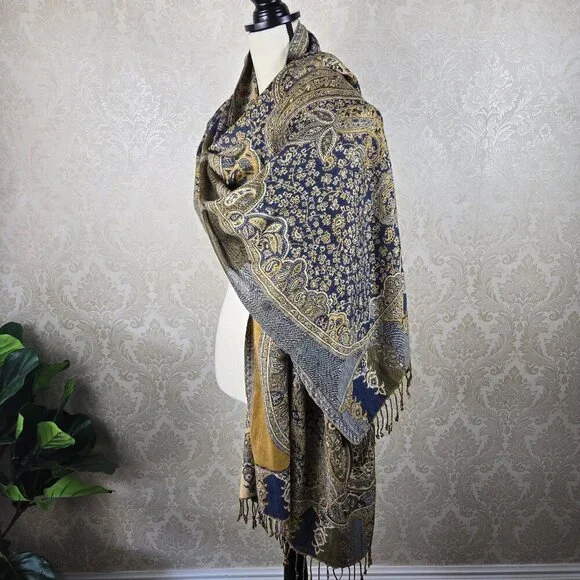 Blue and Gold Paisley and Floral Patterned Oblong Scarf Fringed Ends Feminine