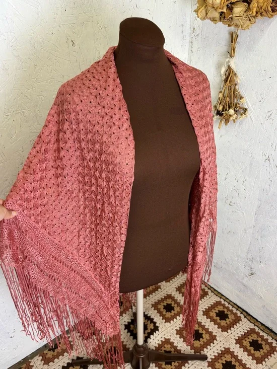 HUGE knit Fringe Festival Style Shawl Wrap Pink Coverup