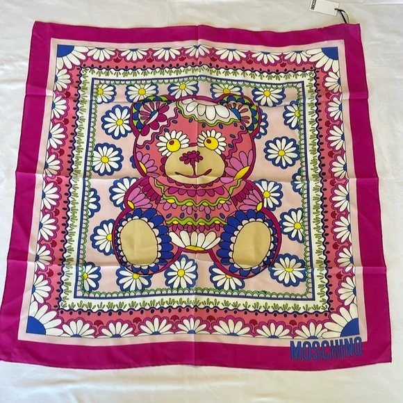 Moschino Silk Scarf Flowers Bear Bohemian Size 25inx25in Square NWT ITALY