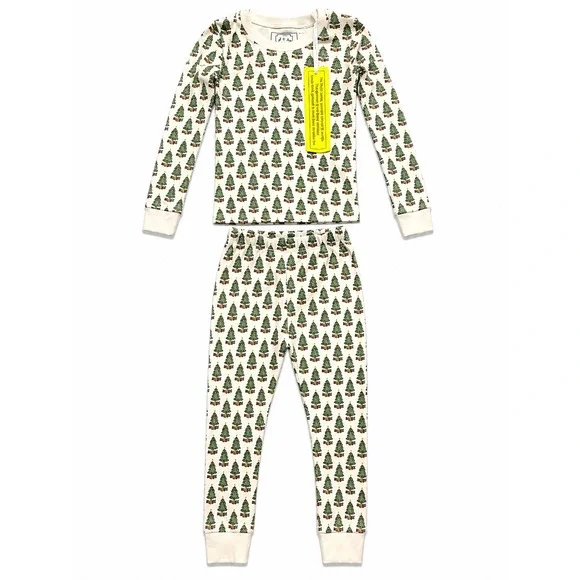 Lila and Hayes Kids Christmas Tree Pima Cotton Pajama Set White Green Size 5 NWT