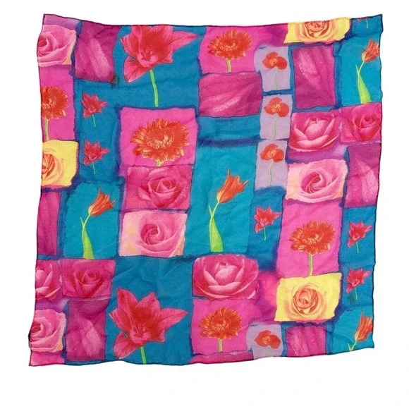 VTG‎ Y2k Floral Silk Headscarf Square Blue Pink Yellow Roses Tulip scarf bandana