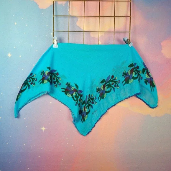 Vintage Keskin Floral Scarf Women Turquoise Blue Beaded Crochet Lace Trim