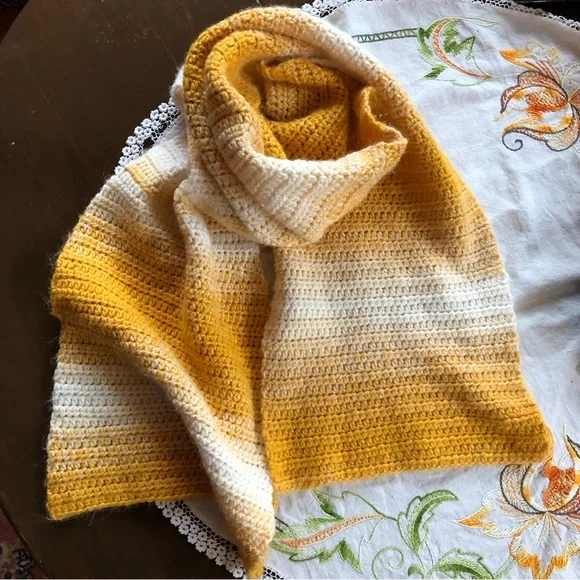 Oversized Hand Crocheted Chunky Scarf. Ecru/ Mustard Golden. 86