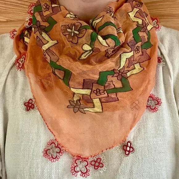 Vintage Burnt Orange Gauze Scarf Boho Southwest Floral Cotton Bandana 28x28