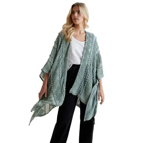 SAACHI Textured Pom Pom Kimono Wrap in Sage Green One Size