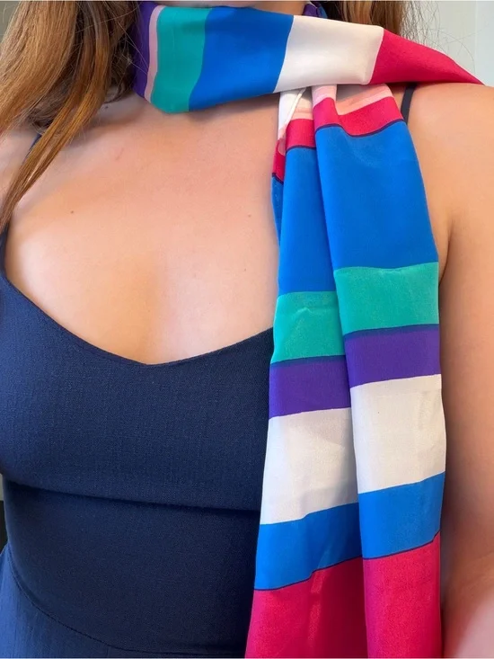 Vintage Units 100% Silk Scarf Colorful Striped Long Skinny Neck Scarf
