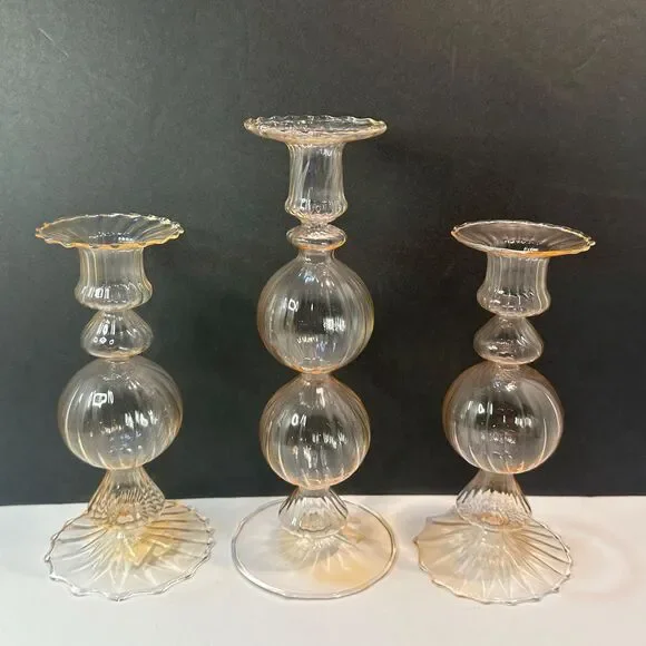 Pale Pink Optic Swirl & Ball Thin Glass Taper Candlestick Holders - Murano Style