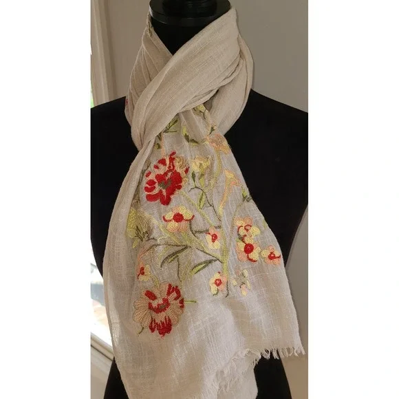 J.Jill Beige Pretty Embroidered Floral Scarf Garden Girl Country Club Western