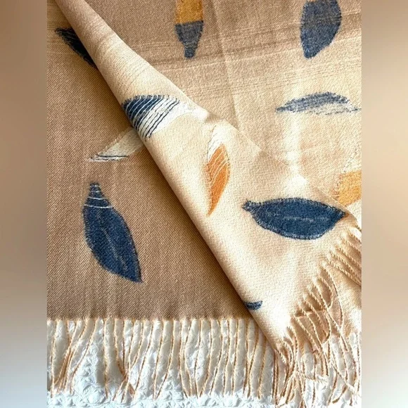 J Jill Scarf Blue Gold Leaves Natural Colored Gradient Background NWOT
