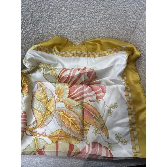 Salvatore Ferragamo Silk Scarf Floral Print Gold Border 34” Square Vintage Italy