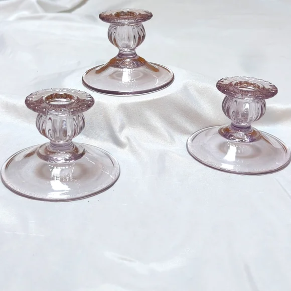 Set of 3 Pressed Glass Lavender Melon Tapered Candle Holders 3