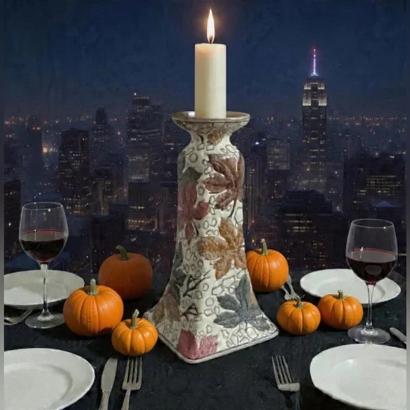 Vintage Hand Painted Fall Leaf Pattern Textured Candlestick Holder 1940
