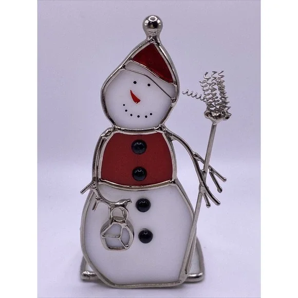 Decorative Stained Glass Snowman With Broom VOTIVE Tea Light CANDLE HOLDER