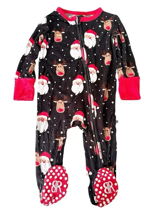 Bums & Roses Santa Reindeer Footie Bamboo Pajamas Red Black 9-12M