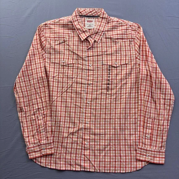 Levis Modern Western Shirt Mens XXL Orange Gingham Plaid Pearl Snap Long Sleeve