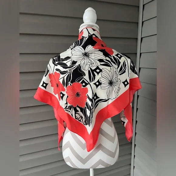 TANNER Floral Orange Black Cream Triangle Silk Scarf Sz 36”x36”x60”