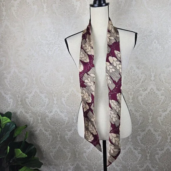 Long Narrow Scarf Purse Twilly Cream Maroon Pattern Angled Ends Neutral Gifts