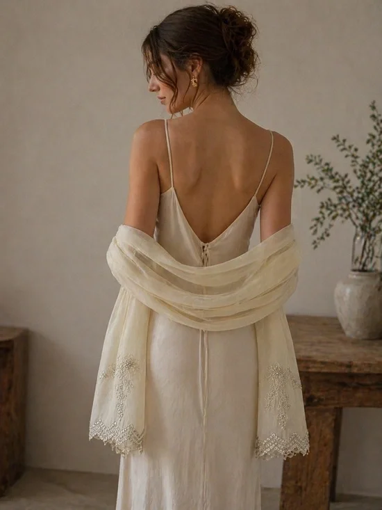 Spanish Ivory Embroidered Sheer Shawl Scarf Lace Wrap Romantic