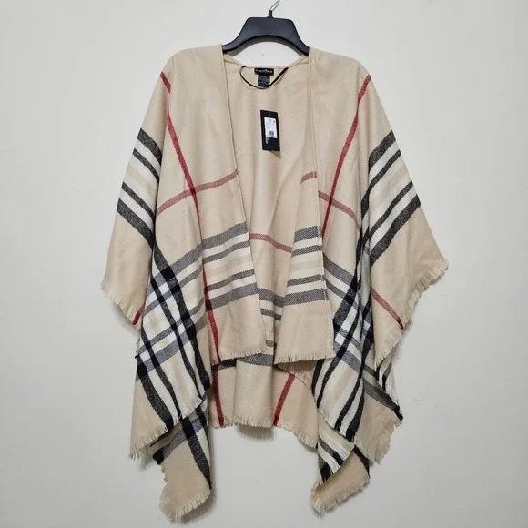 FRAAS Women's Poncho One Size Biege Black Red Plaid Long Sleeves Open Front 1050