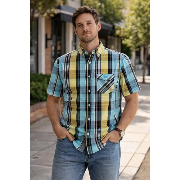 Levis Mens Short Sleeve Plaid Button Down Shirt Size‎ S Colorful Casual Preppy