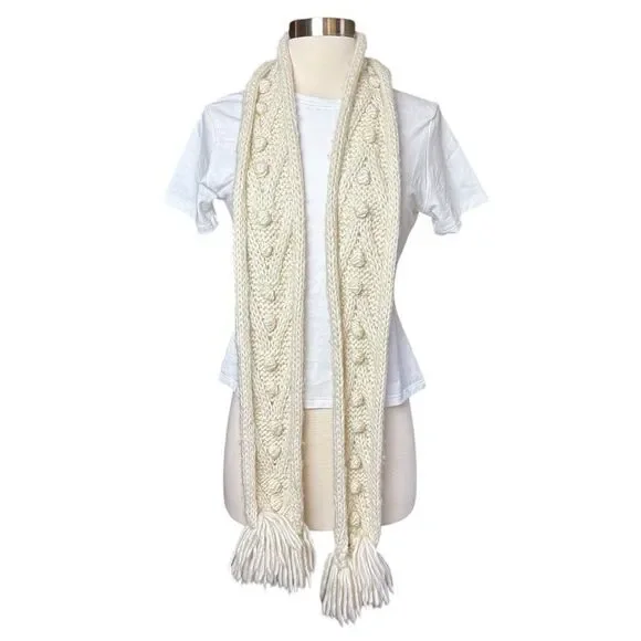 Vintage Y2K Abercrombie Cream Wool Blend Long Scarf Pom Pom & Fringe Details