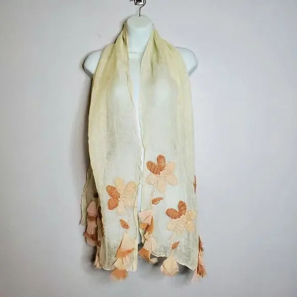 Linen Gauzey Floral Applique Fringe Scarf Creamy Sheer Boho Artsy Fairy Indie