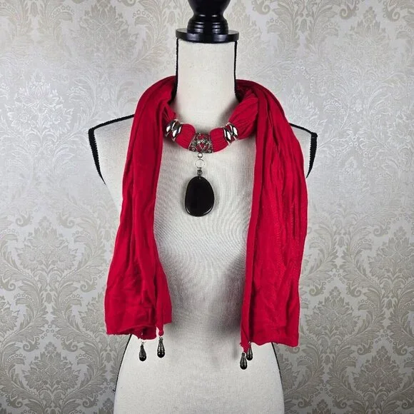 Red Infiniti Style Versatile Scarf Silver & Black Toned Jewelry Embellishments