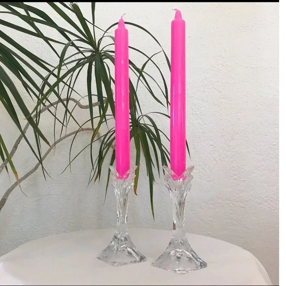 Vintage‎ Art Deco Clear Crystal Glass Taper Candle Holders Set of 2 Square Base