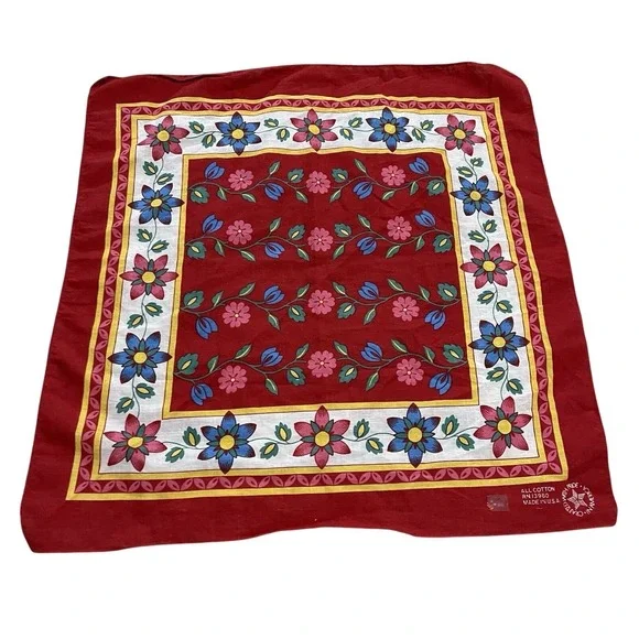 VTG 80s 13960 PARIS USA Bandana Cotton Red Floral Flower Vine Rave Hankerchief