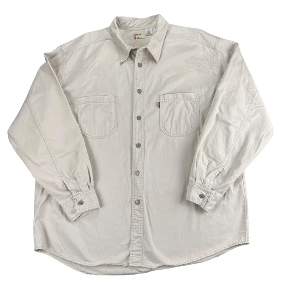 Vintage Y2K Levis Red Tab Mens XL Beige Cotton Twill Work Shirt Long Sleeve