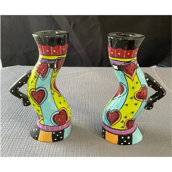 2 Vintage Prospero DesignWorks Funky Hearts Ceramic Candle Holders