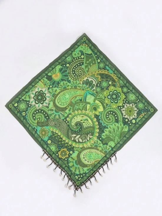 Green Paisley Scarf with Fringe S177