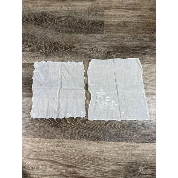 Vintage White Handkerchief Set 2 Embroidered Floral Scalloped Cotton Linen Mixed