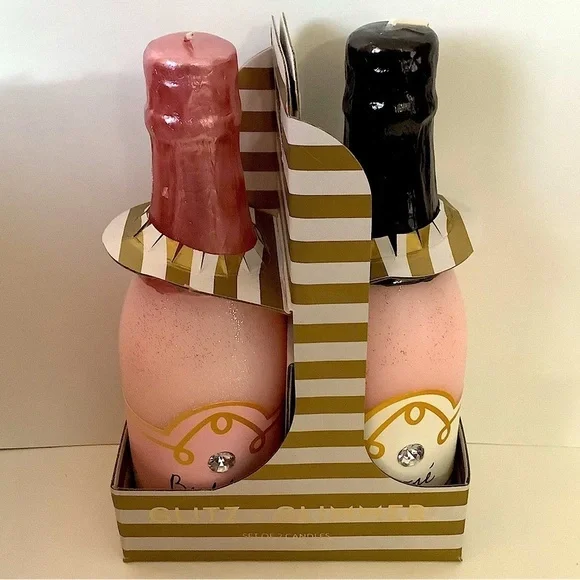 Sparkling Wine Champagne Pink Bottle Candles Set Of 2 New