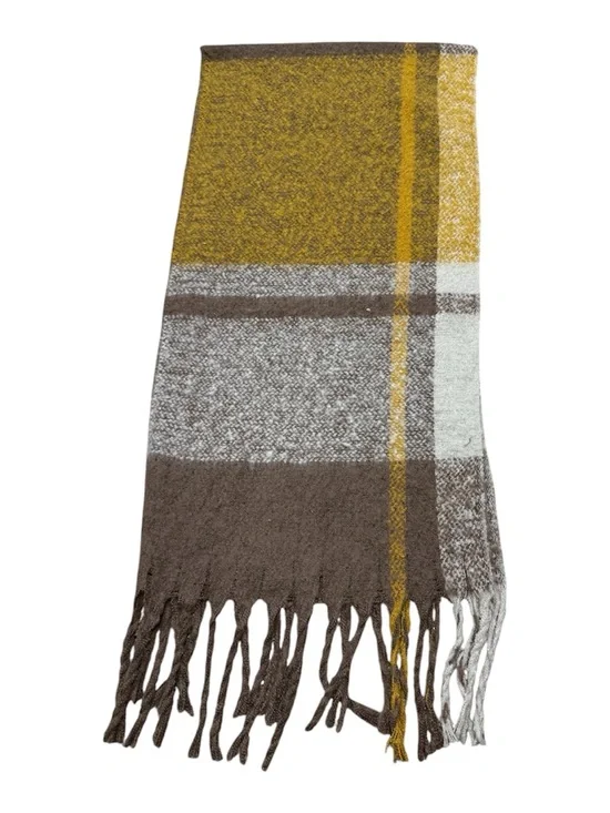 Cozy Plaid Fringe Scarf in Mustard, Brown & Cream