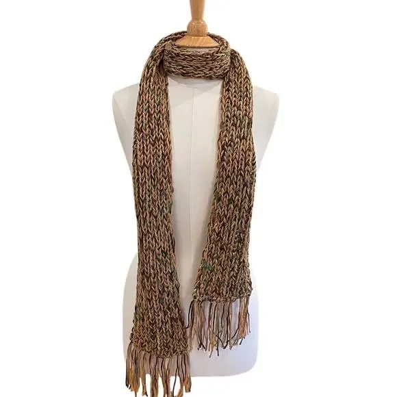 Hand Knit Warm Tones / Earth Tones Multicolor Skinny Scarf with Fringe