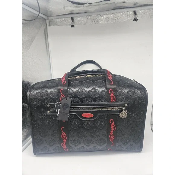 Ed Hardy Black Leather Duffel Bag Screaming Tiger Print Y2K NWT